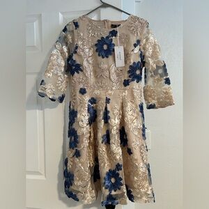 Floral Embroidered Dress - Navy & Cream/ size Medium